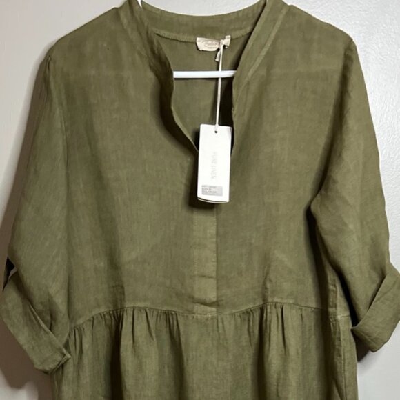 BELLA AMBRA Made In Italy Linen Roll Tab Sleeve Tiered Dress in Olive Size M - Picture 3 of 5